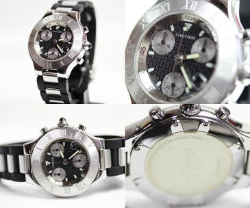 【MT1665】★【中古】 Cartier カルティエ マスト21 クロノスカフXL　21 Chronoscaph　W10125U2 メンズ SS/ラバー 黒文字盤　腕時計 クォーツ　クロノグラフ★ 【質屋出店】【あす楽】