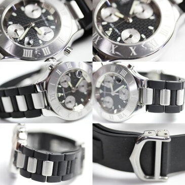 【MT1665】★【中古】 Cartier カルティエ マスト21 クロノスカフXL　21 Chronoscaph　W10125U2 メンズ SS/ラバー 黒文字盤　腕時計 クォーツ　クロノグラフ★ 【質屋出店】【あす楽】