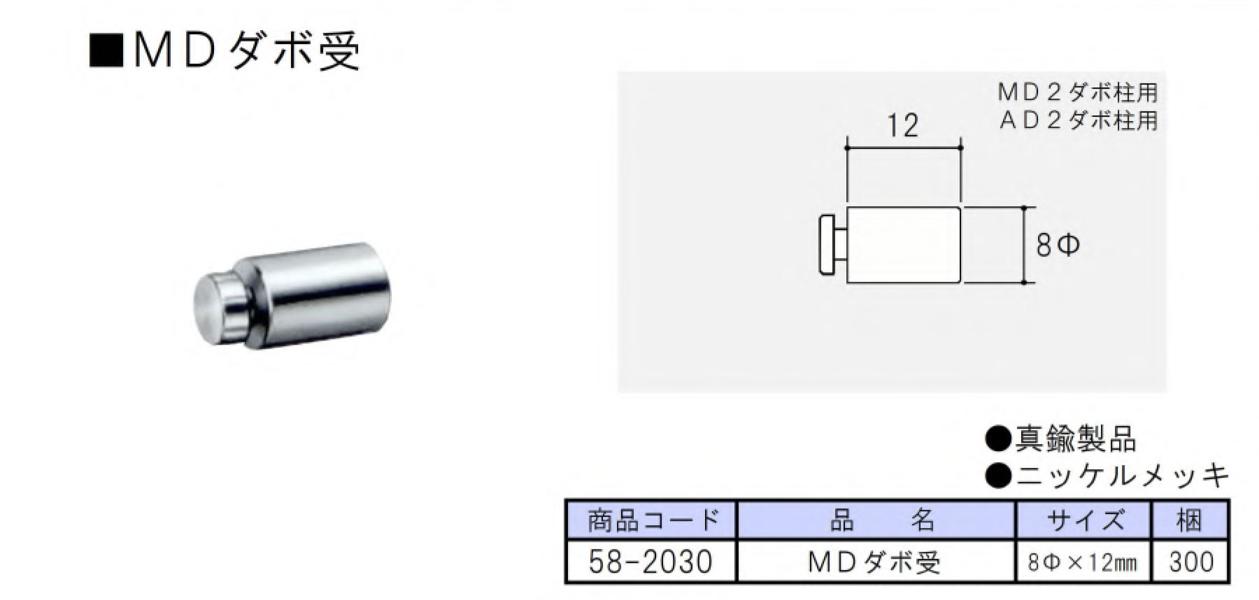 アルミシルバー　MD面付ダボ柱用　58-2030　丸型受ダボ　MDダボ受　8φ×12mm【メール便可】【即日発送可】【店頭受渡可】