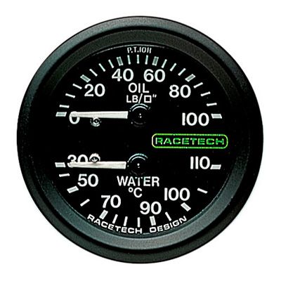 メーカーRacetech商品名油圧 - 水温デュアルゲージ|Pressure Fitting:Standard 1/8 BSP特徴油圧、水温を表示 ・信頼性と精度の高さ ・モータースポーツ用に設計されている。 商品説明 信頼性の高い正確な直径52mmの機械式ゲージで、ブラックのダイヤルフェイスに油圧と水温の両方を表示します。油圧表示の目盛りは0?100Psi、水温表示は30?110℃です。このデュアルゲージには、7、9、12フィートの長さの温度キャピラリーチューブと、3/8インチから3/8インチへのオス-オスアダプター（5/8インチUNFやその他のサイズにも簡単に適応可能）の付いた3/8インチBSPメスフィッティングが付属しています。油圧側は1/8 "BSPオスのフィッティングで、パイプキットも別途用意されています。ゲージには、圧力側に-3 Aeroquipタイプのフィッティングを付けて、よりプロフェッショナルなタイプの配管を可能にするオプションもあります。