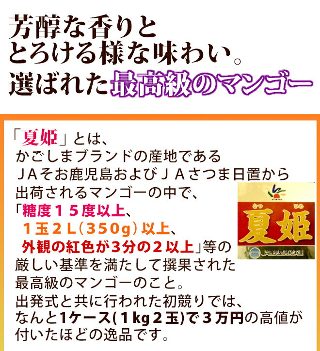 完熟マンゴー 鹿児島産の太陽のタマゴ ”夏姫” 特大 3Lサイズ 2玉 化粧箱 糖度15度以上【予約 5月中下旬以降】 送料無料 2