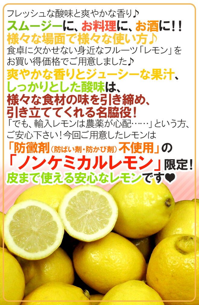 チリ・アメリカ産など ”ノンケミレモン” 大きさおまかせ 約1kg 安心の防ばい剤不使用！ノンケミカル/防黴剤（防かび剤）不使用【予約 入荷次第発送】
