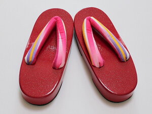 H・L女性桐下駄 J0512B 送料無料 フリ−サイズ ラメ入りの赤い塗下駄 夏用・お祭りに下駄 おしゃれな下駄