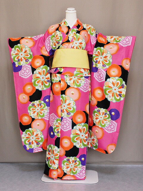 振袖 花ひめ 襦袢付き振袖 濃いピンク色 仕立上り 古典柄 振袖と長襦袢のセット ポリエステル 送料無料 D2361-03