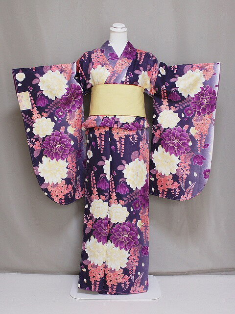 二尺袖小紋 F7349--02 送料無料フリ−サイズ 二尺袖の仕立上りきもの　洗える二尺袖　卒業式に　袴に合う小振袖　レンタルよりお得