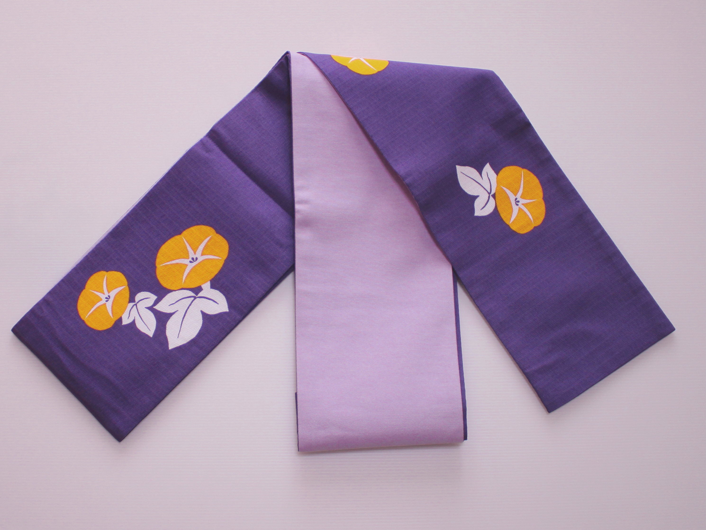 綿の半巾帯・小幅帯 J8070-01 送料無料 訳あり　朝顔の柄の帯 リバーシブル柄のゆかた帯　締めやすい綿の帯