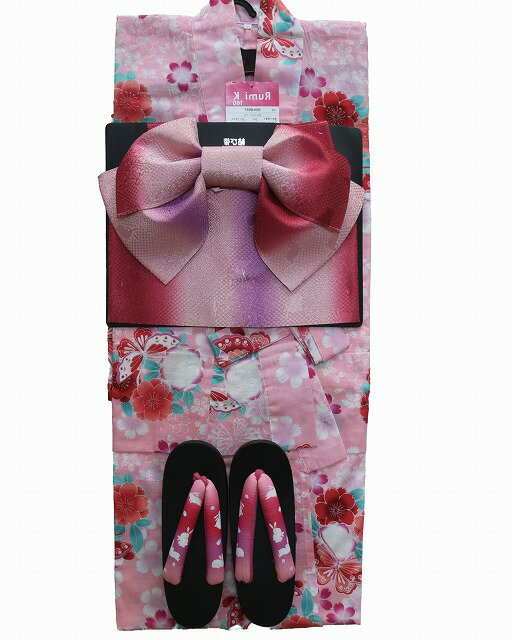 ジュニア浴衣三点セット J6210-02 送料無料 訳あり サイズ160在庫処分 着物・作り帯・下駄の超お得なセットです 腰紐付き女児用浴衣