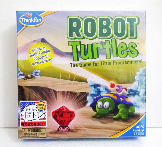 『Robot Turtles（ロボット・タートルズ）』・4歳からのプログラミング学習キットとして、クラウド・ファウンディング　 “KickStarter” で大きな話題となったボードゲーム。　プログラミングに必要な要素がぎっしり詰まっており、遊びながら　プログラミング思考が身につき、更には勝者や敗者がないという　非・競争系ゲーム。・カメが障害物を回避し宝石まで辿り着く道のりをコマンド（命令）カードを　並べてプログラミングする。命令が的確でないと「バグ」が生じて宝石を　ゲットできないのでプログラミングで重要なデバック能力も身につく。【セット内容】　ボード1枚、ロボットタートルカード4枚、宝石カード4枚、　バグカード4枚（それぞれ赤、青、緑、ピンク）、　コーディングカード44枚（進む18枚、左折8枚、右折8枚、　バズーカ5枚、ファンクションフロッグ5枚）x4セット（赤、　青、緑、ピンク）、石の壁20枚、氷の壁12枚、木箱4枚※日本語解説書がついています。新品未開封です。定価：税込4950円です。（本体4500円+税）