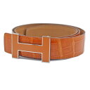 【本物保証】 【京都屋質店】【HERMES エルメス】Hベルト オレンジ シルバー金具 クロコダイルポロサス □K刻印(2007年製造)【中古】【PAWN SH...