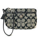 コーチ COACH シグネチャー アクセサリー ポーチ リストレット ブラック グレー レザー キャンバス 中古SAランク シルバー金具 レディース