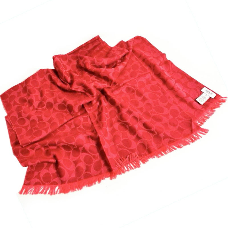 コーチ COACH ストール 大判 レッド シグネチャー レッド(朱色) ウール70% シルク30% 中古ABランク レディース