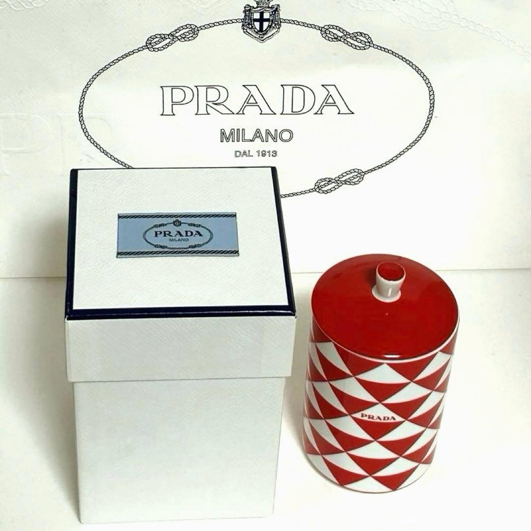 プラダ PRADA レッド キャンドルホルダー アロマキャンドル 蓋付 レッド・ホワイト 陶器 未使用
