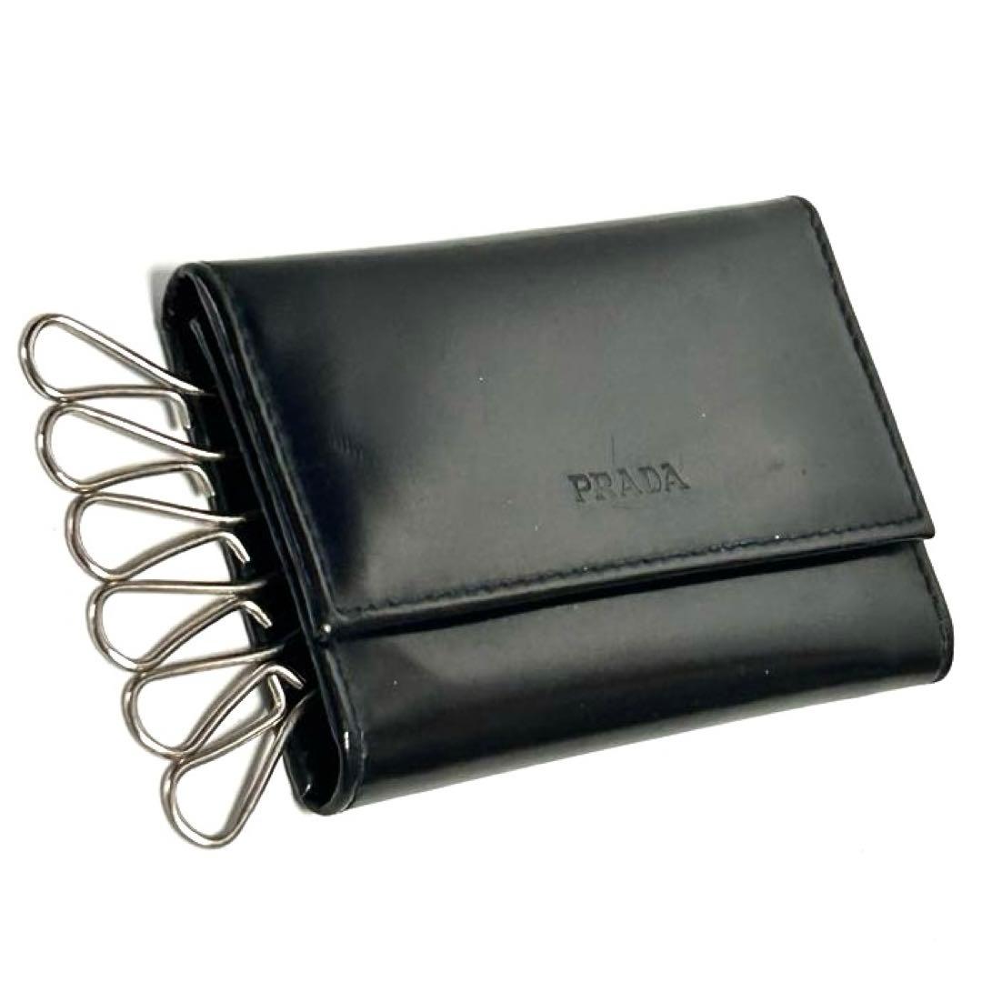 プラダ PRADA キーケース ブラック黒 シルバー金具 本革 レザー 中古ABランク