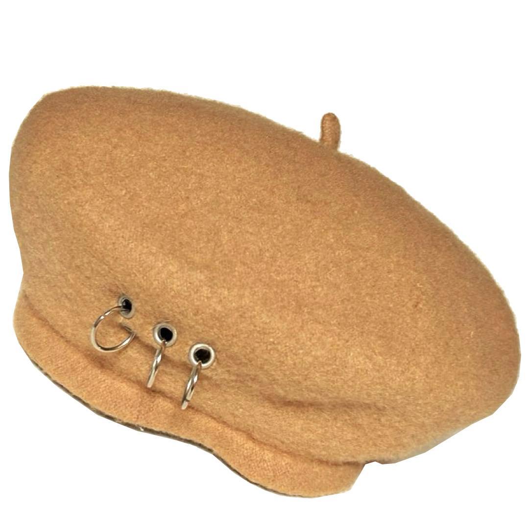 ベレー帽 帽子リング付き キャメルブラウン ウール毛100％ メッキ金具 中古ABランク レディース