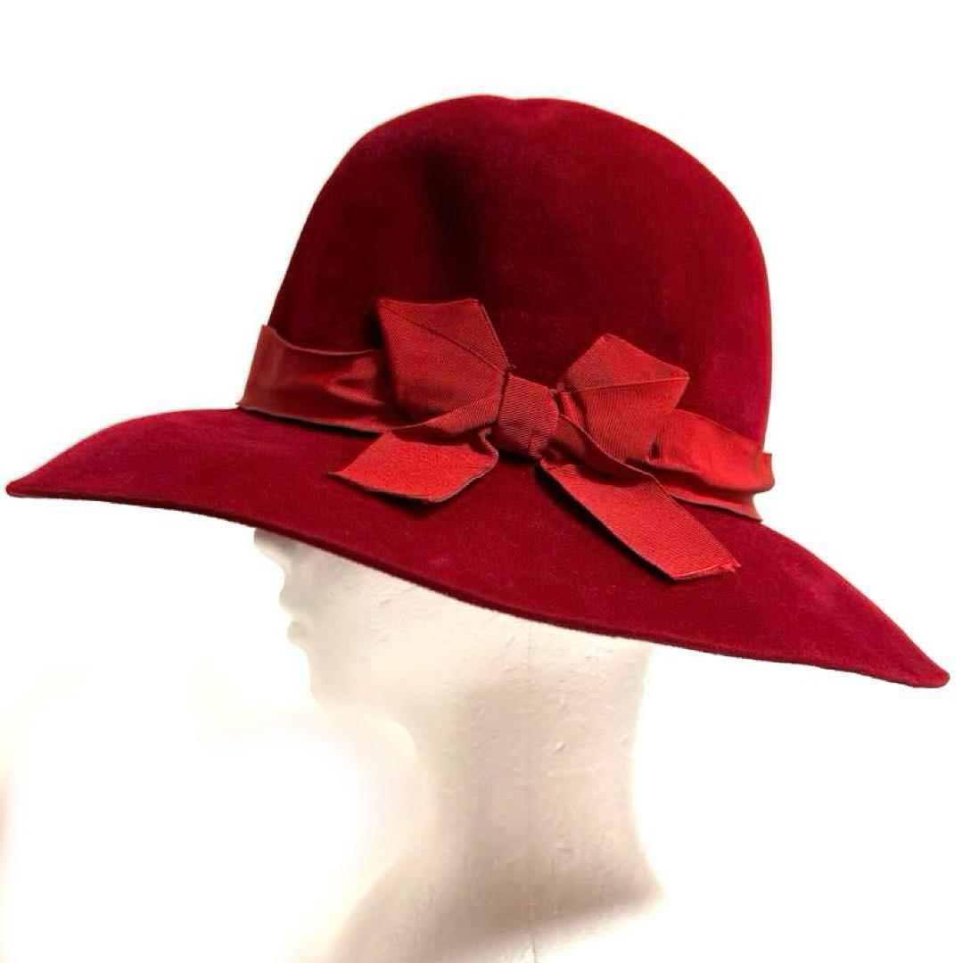 樂天商城 - 【中古】ボルサリーノ Borsalino レディース帽子 リボン付きつば広ハット 赤 レッド ウール フェルト 中古ABランク