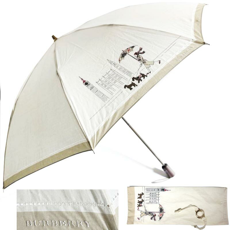 バーバリー Burberry レディース 折りたたみ傘 UV 晴雨兼用 傘袋付き犬の散歩の女性 アイボリー ベージュ 傘生地/− 持ち手/木製 金属(手元パックシール付き) 中古ABランク レディース