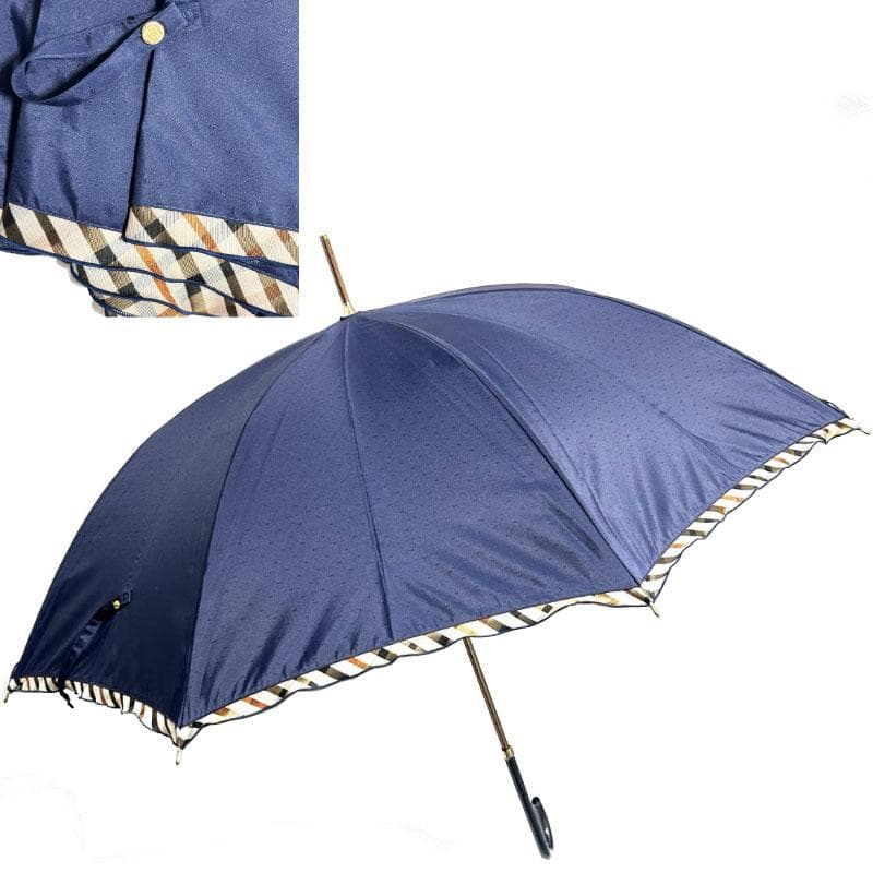 女用 - ダックス DAKS 長傘 (ステッキ) ネイビー総柄 ブラウン系チェック柄 キャンバス(生地厚さ/ふつう) 中古Sランク レディース ネイビー色総柄 縁どりチェック柄 軽量