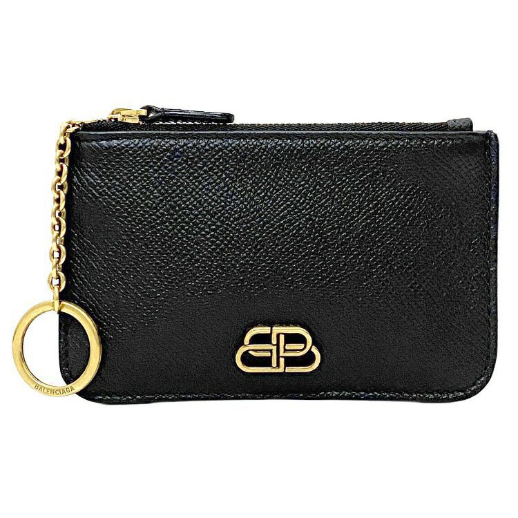 バレンシアガ ロゴメタル コインケース ブラック ゴールド 601488 美品 小銭入れ レザー 中古 BALENCIAGA BB キーリング ファスナー ロゴ シンプル キーホルダー 定番 人気 レディース レザーウォレット 女性 革財布 本革 革 黒 箱付 プレゼント 本物 鑑定済み