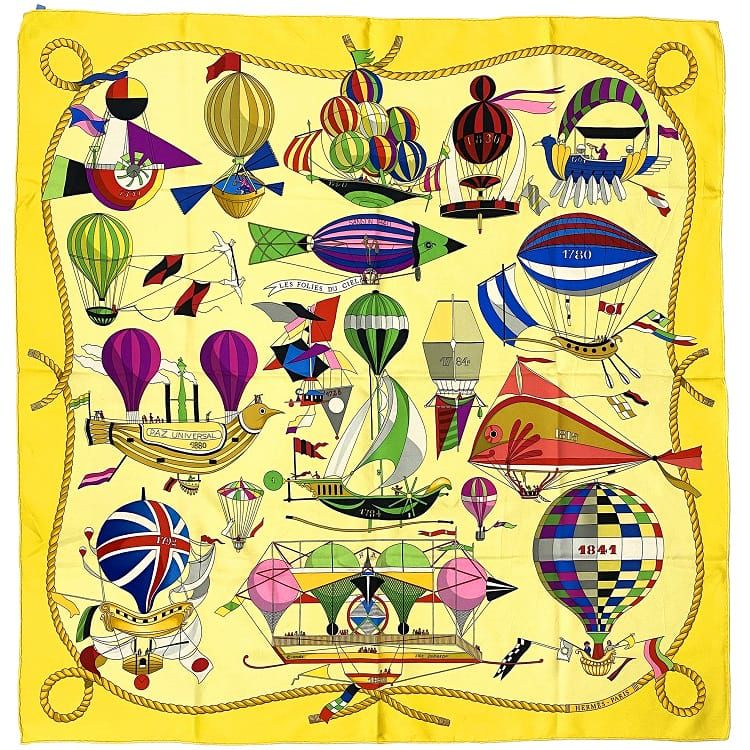 エルメス スカーフ カレ 90 ec-21946 イエロー LES FOLIES DU CIEL 美品 大空の狂気 シルク 100% 中古 HERMES アパレル 大判 クリーニング済み ヴィンテージ 人気 定番 お洒落 上品 高級感 シンプル エレガント 女性 レディース 黄色 ブランド 本物 鑑定済み