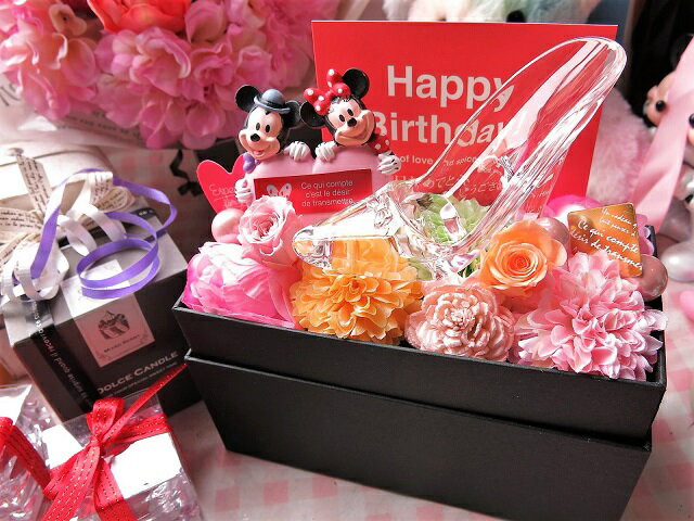 プロポーズ 彼女 ガラスの靴 ミッキー ミニー ハート プリザーブドフラワー入りギフト 花束風 箱を開けてサプライズ 横長ボックス