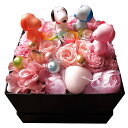 プリザーブドフラワー 誕生日プレゼント スヌーピー入り 花束風ギフト スヌーピーマスコット4個入り 箱開けてスマイル フラワーボックス入り レインボーローズ スヌーピーいっぱい マスコットカラーはおまかせ
