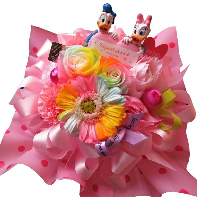 ハートアレンジの花束 プリザーブドフラワー ディズニー 誕生日プレゼント ドナルド デージーハート入り 花束風 レインボーローズ2 レインボーガーベラ1 ケース付き