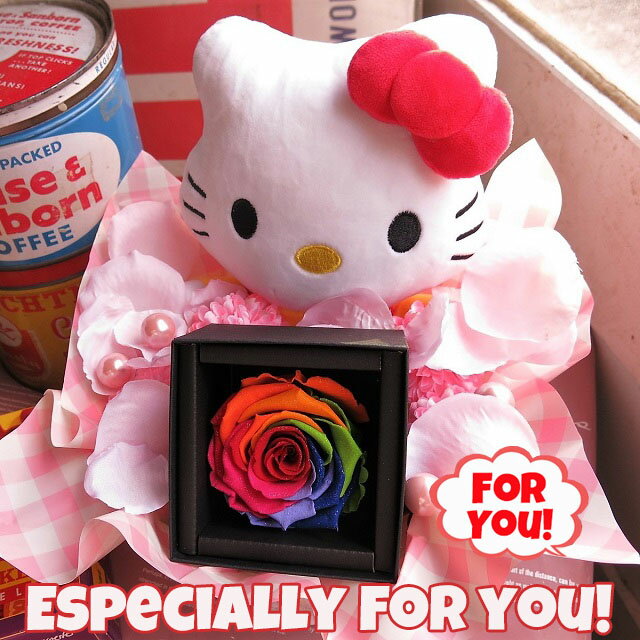 【キティ ぬいぐるみ】 プレゼント 花 ダイヤモンド レインボーローズ入り プリザーブドフラワー入り 誕生日プレゼント 彼女 友人 友達 母親のサムネイル