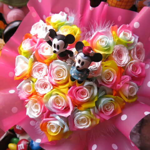 ミッキー ミニー入り 花 ハート レインボーローズ プリザーブドフラワー ケース付き 誕生日プレゼント 記念日の贈り物におすすめのフラワーギフト