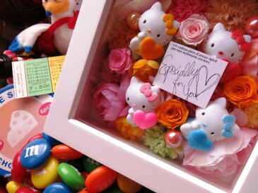 誕生日プレゼント キティ マスコット入り 花 プリザーブドフラワー入り 壁掛け カラフルフラワー