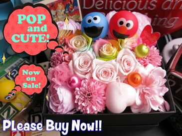 セサミストリート エルモ マスコット入り 花 クッキーモンスター ビッグバード いずれかマスコット2個入り 箱開けてスマイル ボックス入り レインボーローズ プリザーブドフラワー マスコット柄はおまかせ