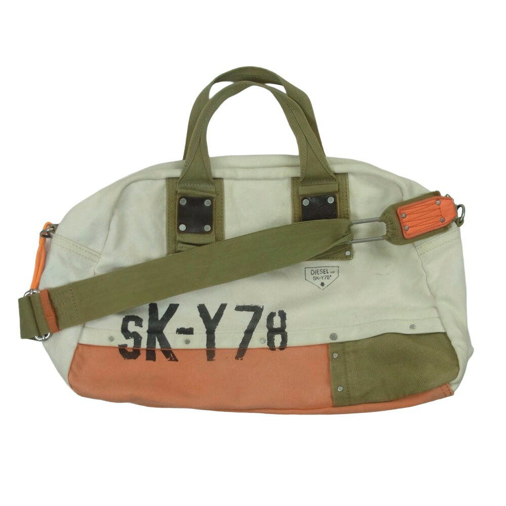 DIESEL ディーゼル キャンバス ボストン バッグ ショルダーバッグ オフホワイト系 オレンジ系 カーキグリーン系 メンズ【中古】