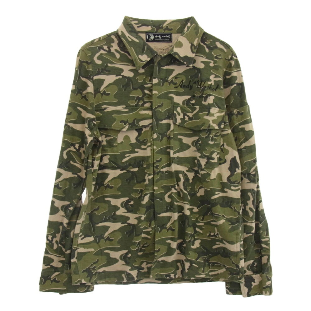 HYSTERIC GLAMOUR ヒステリックグラマー 0342CJ01 Andy Warhol アンディウォーホル バックアート ステンシル オリジナルカモ ジャージー ジップ ミリタリー シャツ グリーン系 FREE メンズ【古着】【中古】
