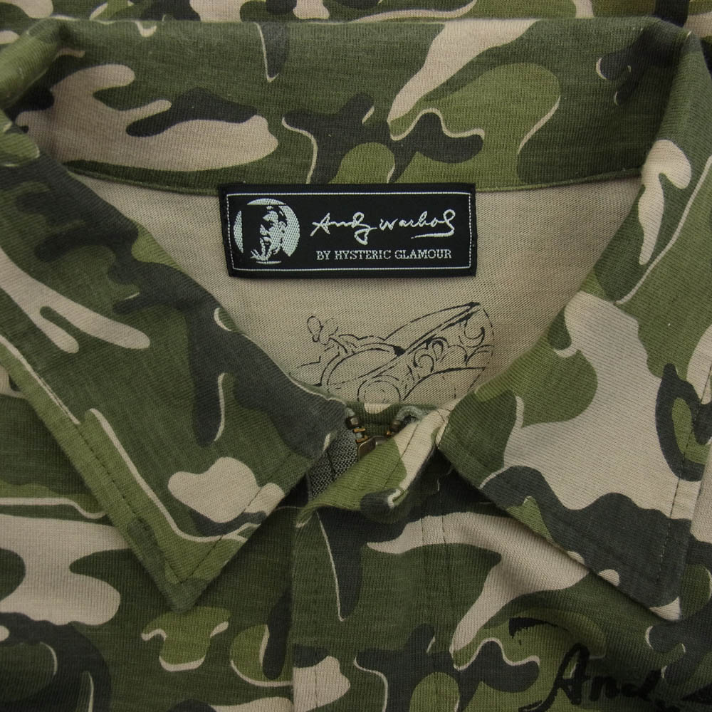 HYSTERIC GLAMOUR ヒステリックグラマー 0342CJ01 Andy Warhol アンディウォーホル バックアート ステンシル オリジナルカモ ジャージー ジップ ミリタリー シャツ グリーン系 FREE メンズ【古着】【中古】