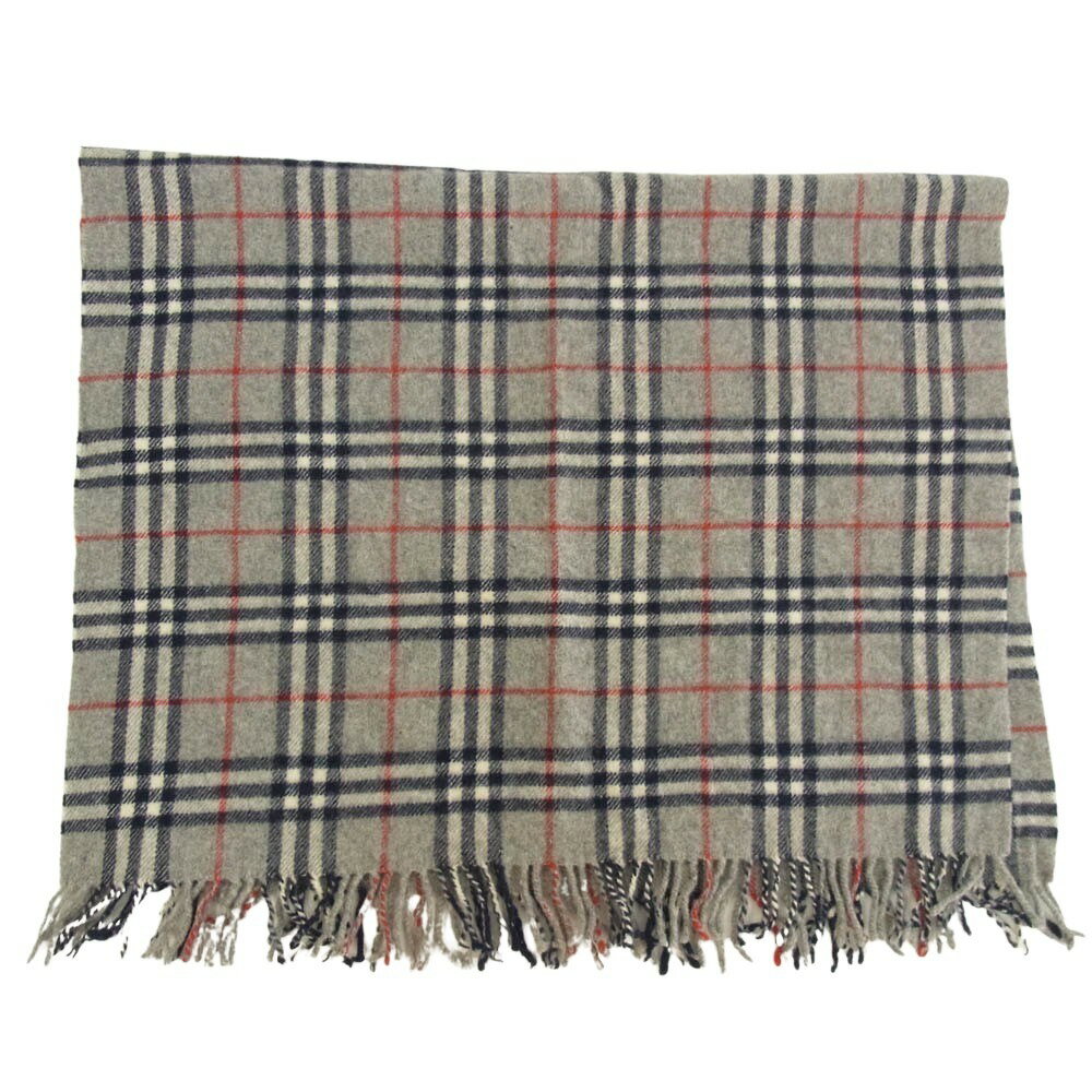 BURBERRY LONDON バーバリー ロンドン 0156JA64W ウール 刺繍 チェック マフラー グレー系 ネイビー系 メンズ【中古】