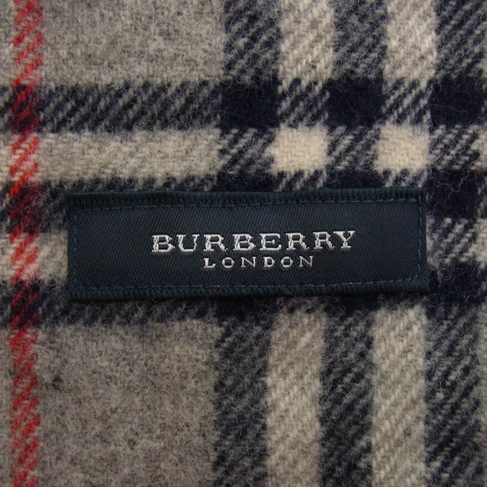 BURBERRY LONDON バーバリー ロンドン 0156JA64W ウール 刺繍 チェック マフラー グレー系 ネイビー系 メンズ【中古】