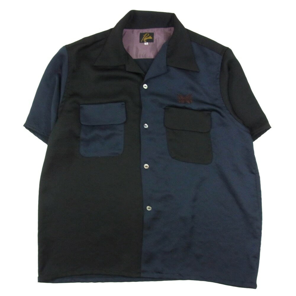 Needles ニードルス MR463 × THE TOKYO S S Classic Shirt - Poly Sateen＆Emb．ザ トウキョウ クレイジーパターン オープンカラー 半袖シャツ ブラック系 L メンズ【古着】【中古】