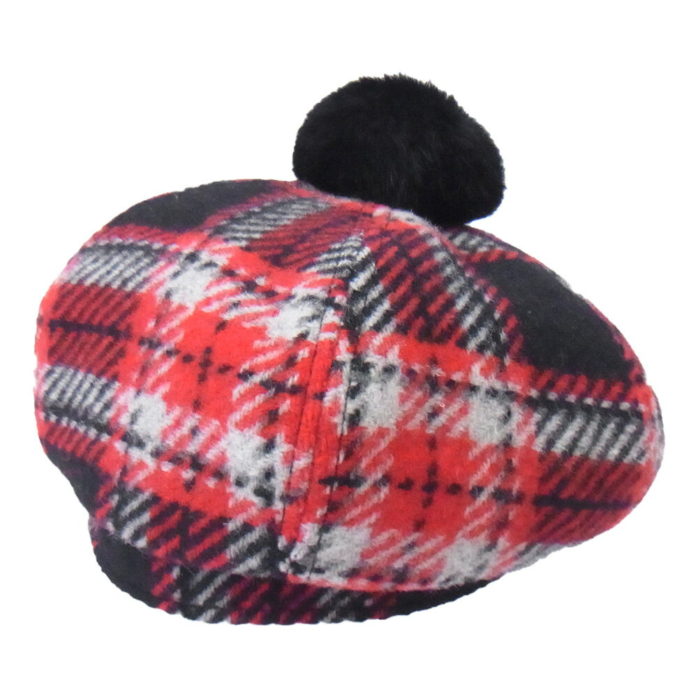 ジニーバイユージニアキム genie by eugenia kim HTEI-IA1-3004 ボンボン ウール チェック柄 ハンチング 帽子 レッド系 M 【極上美品】 レディース【中古】