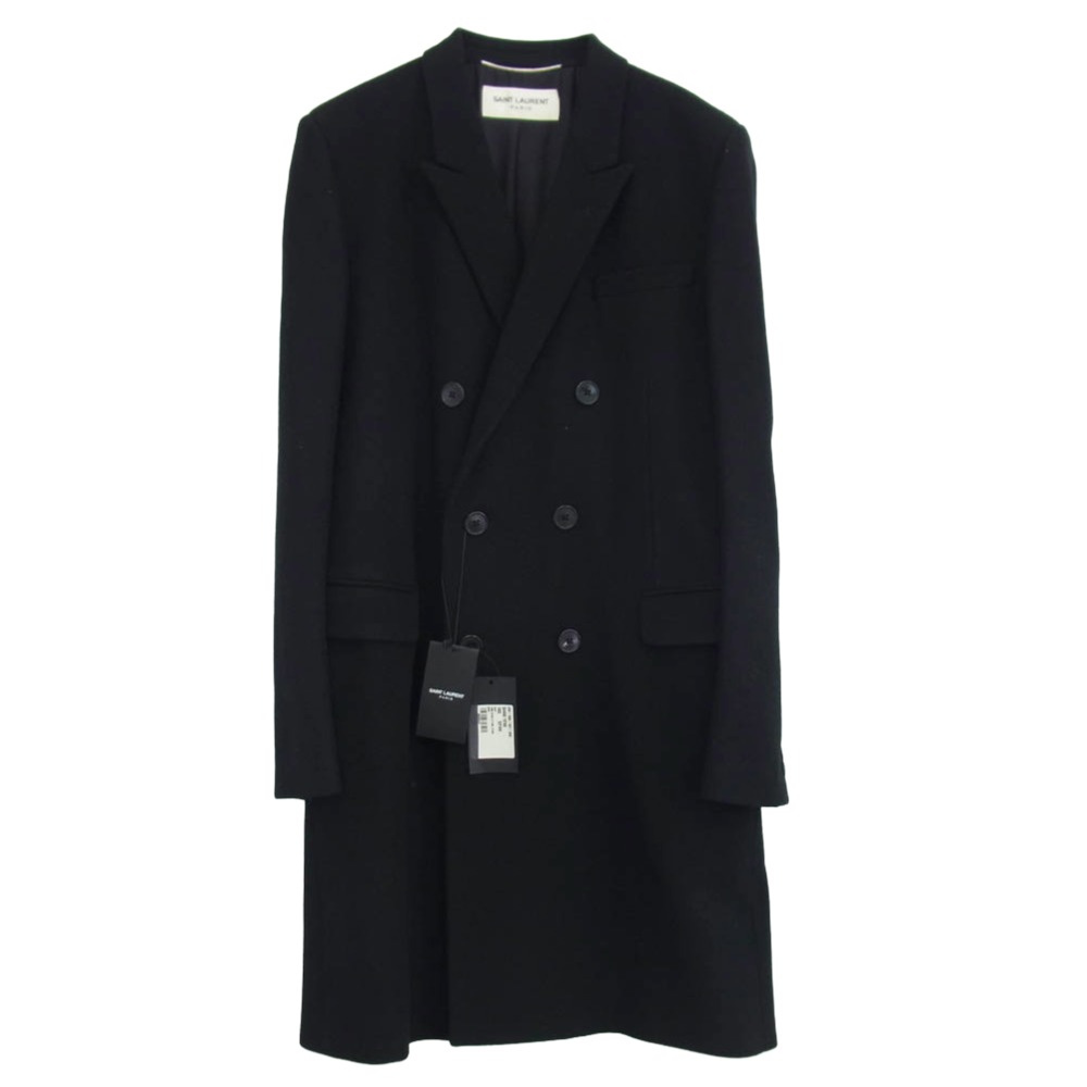 SAINT LAURENT サンローラン ダブルブレスト ベルト付き ウール チェスター コート ブラック系 52 【極上美品】 メンズ【古着】【中古】