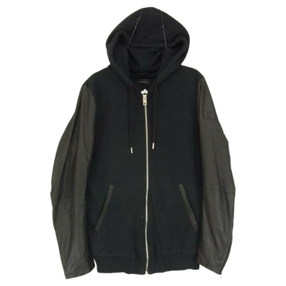 DIESEL ディーゼル 00E8F2 ラムレザー 切替 ジップ パーカー ブラック系 XS メンズ【古着】【中古】