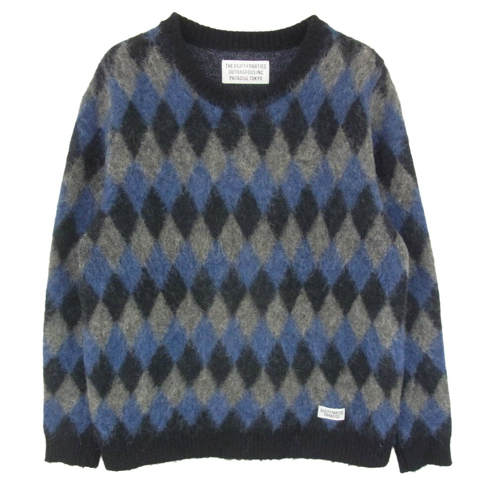 WACKO MARIA ワコマリア 16AW 16FW-WMK-KN15 「BABYALPACA DIAMOND CHECK SWEATER ベビーアルパカ ダイヤモンド チェック セーター ニット ブルー系 L メンズ