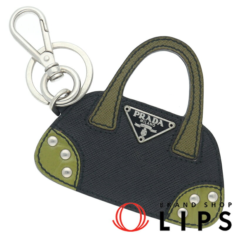 PRADA - プラダ バッグモチーフ キーホルダー 1AR301 レザー レディース ブラック/グリーン【中古】