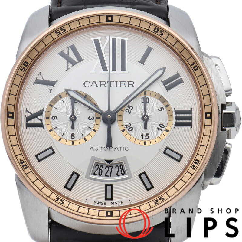 【中古】 カルティエ カリブル ドゥ カルティエ クロノグラフ ウォッチ Calibre de Cartier Chronograph W7100043 K18PG/SS/革 メンズ時計 ホワイト