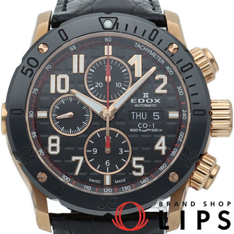 【中古】【箱 保証書】 エドックス クロノオフショア1 オートマティック 45mm ChronoOffshore Automatic 01122-37R-NBR8 SS/GP/革 メンズ時計 ブラック