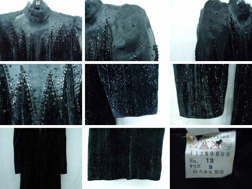 オーガンジー パーティードレス スパンコール ラメ 装飾 長袖 セミロング丈 バックフルボタン 黒 厚手 9号 ステージ衣裳 古着 美品★併1709●送料無料【smtb-k】【w3】【中古】