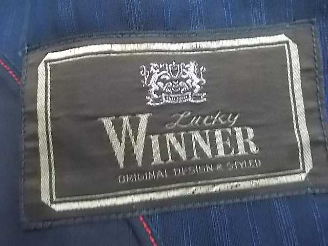古着 メンズ Lucky Winner ネイビー系ストライプ シングル2釦テーラードジャケット 半浦背抜き AB-4 裏地漢字ネーム刺繍入 AG-2★併190516 【中古】