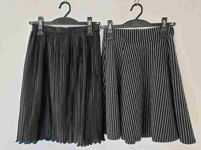 レディース 古着 フレアー スカート 2枚セット ストライプ プリーツ ブラック BM-22