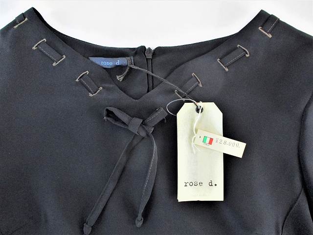 rose d. イタリア製 ブラック ミモレ丈半袖ワンピース サイズ42 古着レディース タグ付未使用品 IC-14 20221028