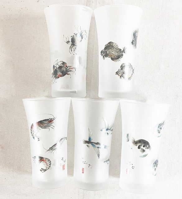 【中古】佐々木硝子 ふぐ とびうお かに えび ひらめ 海の舞 一口ビールグラス 5個セット 共箱なし NL-..