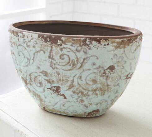 輸入雑貨 アイシー ターコイズオーバルポット L プランター フラワーポット コベントガーデン CoventGarden ナチュラル アンティーク QJ-67のサムネイル