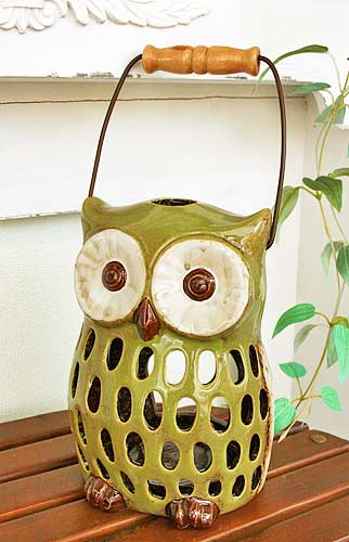 輸入雑貨 キャンドルホルダー フクロウ グリーン カンテラ 陶器 置物 香炉 ガーデニング オブジェ オーナメント ハンギング シャビー 29240(3)